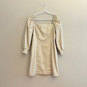 7 For All Mankind Cream Faux Leather Puff Sleeve Mini Dress